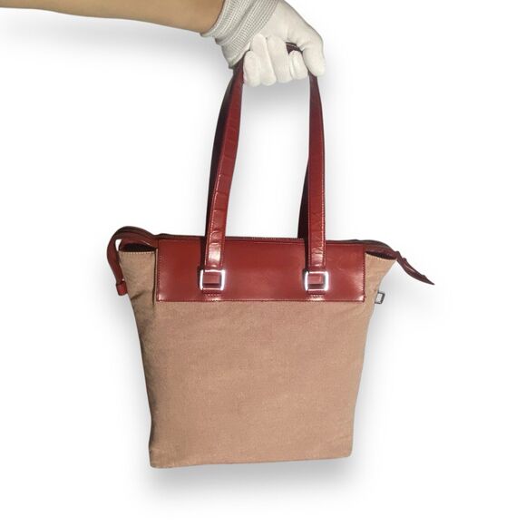 Jil Sander Shoulder Bag Red Leather & Canvas Tote Leather Lining w Keys No Lock - Picture 15 of 15